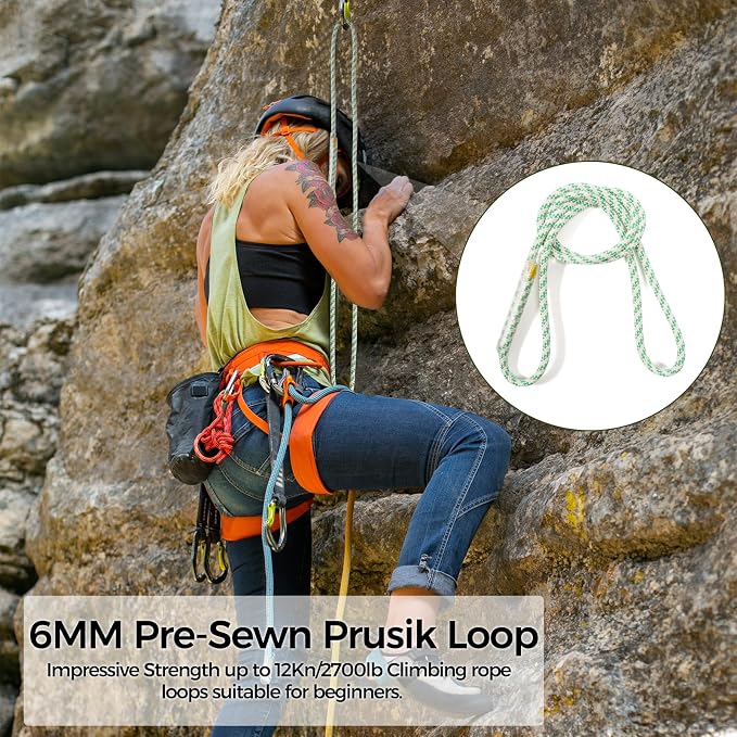 1/4 Inch Pre-Sewn Prusik Loop 24 Inch, Premium Aramid Nylon Hybrid Cord 12kN, Superior Heat Abrasion Resistant Rope Loop for Arborist Rescue Outdoor Rigging