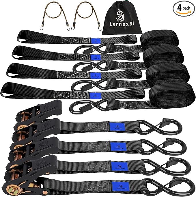 Ratchet Straps 4 Pack - 2,200 Lbs Break Strength 1 in x 15 Ft Medium Duty Ratchet Tie Down Straps with S Hooks Set for Truck, Cargo Van, Trailer, Motorcycle (Black)