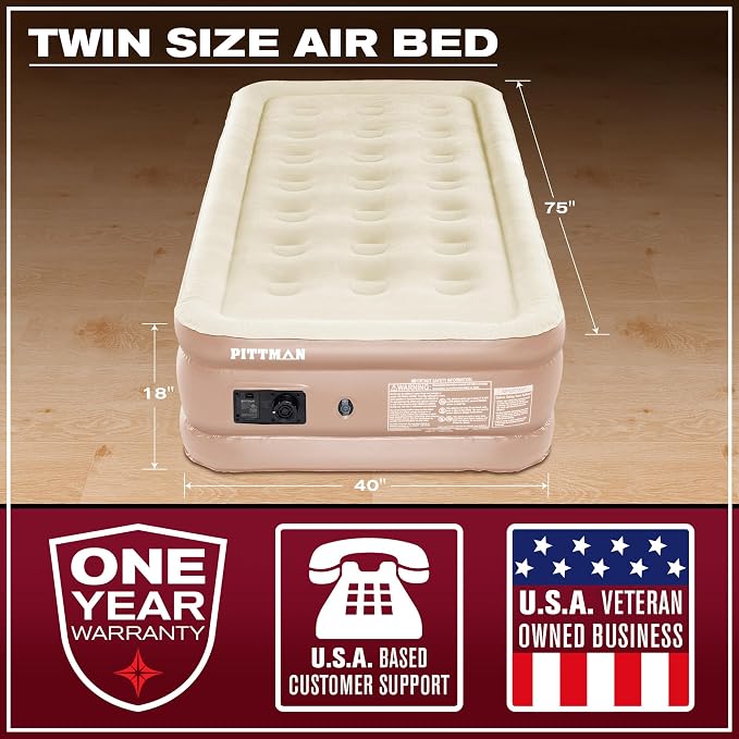 Pittman Outdoors Twin Air Mattress – 18” Tan Double High Design – Twin Size Mattress with Built-In Pump – Luxury Raised Sleeping Surface, 300lb Capacity, Quick Inflation, Ideal for Guest Bed & Travel