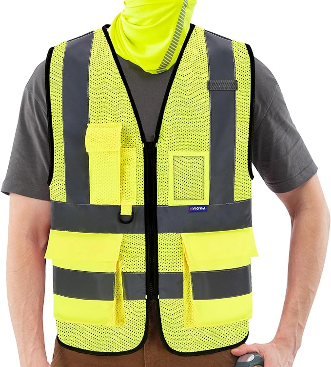 A-SAFETY 6XL 7XL 8XL High Visibility Mesh Safety Reflective Vest with Pockets and Zipper (Yellow Mesh 6XL-8XL)