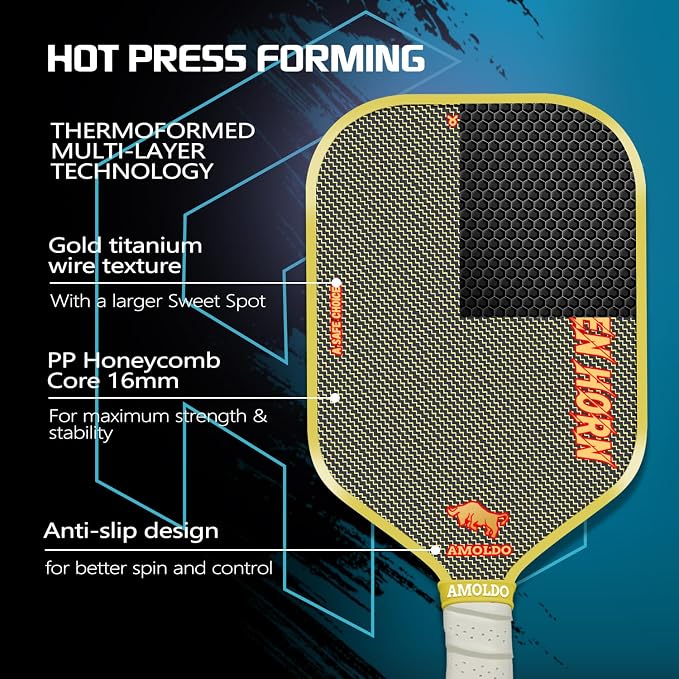 Pickleball Paddles, Carbon Fiber Pickleball Paddle High Grit & Spin with PP Honeycomb Core 16mm Thickness and Thermoformed Elongated Shape, Increased Power for Ultimate Spin & Consistency
