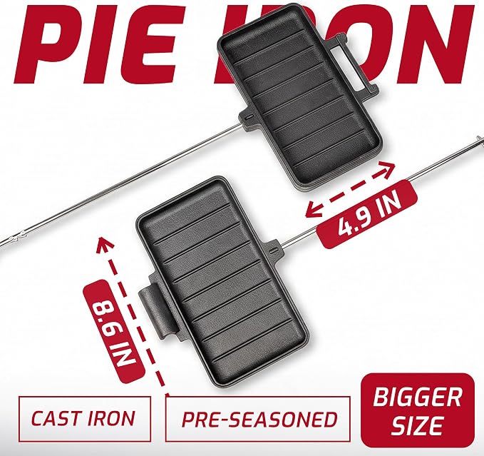Campfire Pie Iron 8.6" Large Cast Iron Sandwich Maker for Camping with Storage Bag - 21.7 inch Adjustable Handles - Campfire Cooking Equipment for Grilling & Outdoor Cooking