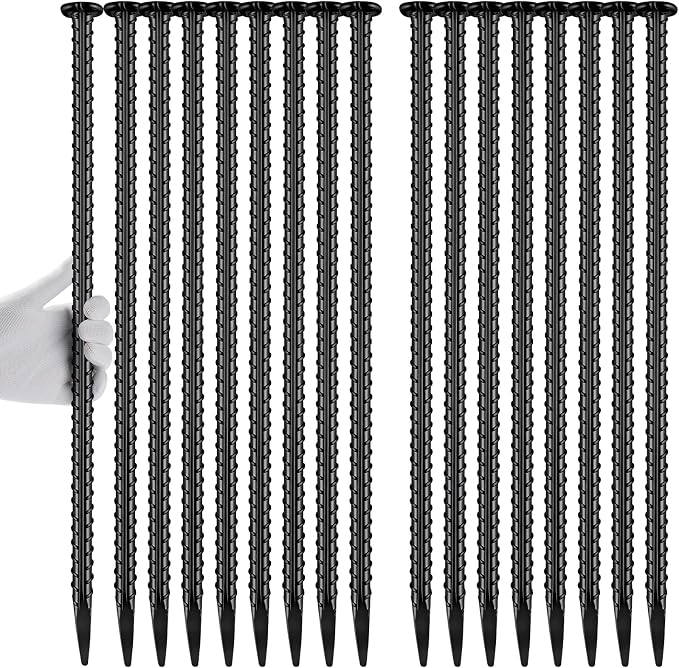 Homwin Rebar Stakes 16 inch 16-Pack Metal Ground Spikes Heavy Duty Asphalt Anchors for Railroad, Trapping, Carport, Speed Bump and Survey Black