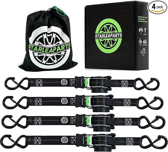STARLEAPARTS Retractable Ratchet Straps(4PK) - 1,500lb Break Strength, Ratchet Straps Heavy Duty with Rubber Coated Handle, Perfect Auto Ratchet Straps for Motorcycle, Kayak and Trucks (Black)