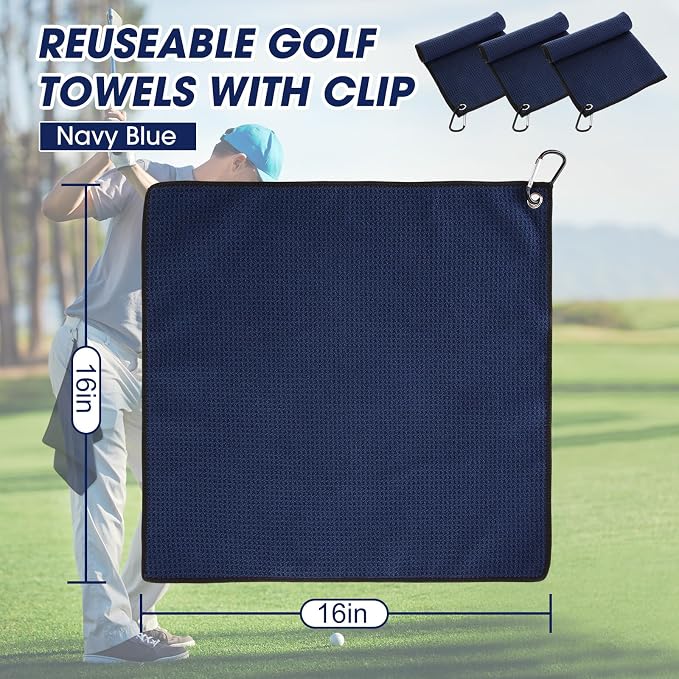 Batiyeer 30 Pcs Golf Towels Bulk for Bags 16'' x 16'' Microfiber Fabric Golf Towel with Clip Waffle Pattern for Men Mini Tournament Fitness Yoga Camping(Navy Blue)