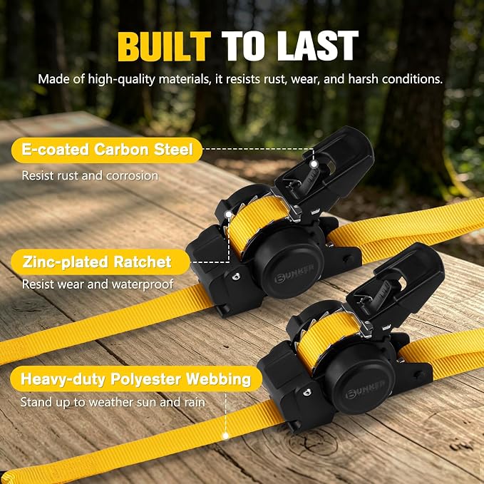 BUNKER INDUST Retractable Ratchet Straps 1" x 12', Heavy Duty Auto Self Retracting Tie Down Straps 1530 lbs Break Strength Cargo Straps for Trailer, Truck, ATV, UTV, Motorcycle (2 Pack)