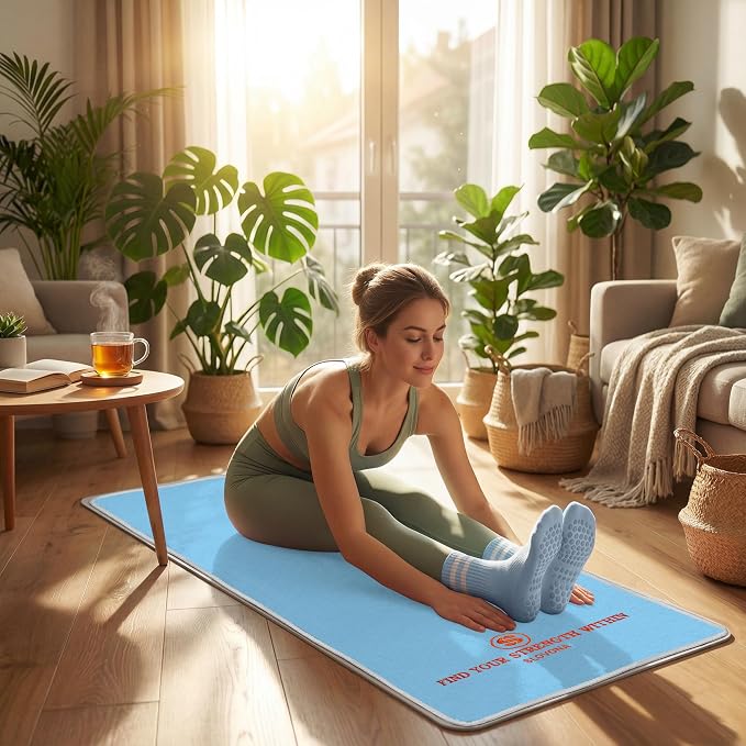 Upgraded Yoga Mat Towel with Bonus Grip Socks, Sky Blue | Elegant Embroidered, 1-Second Sweat Absorption & Non-Slip | Machine Washable Microfiber | Hot Yoga, Pilates | 73''*27.6''