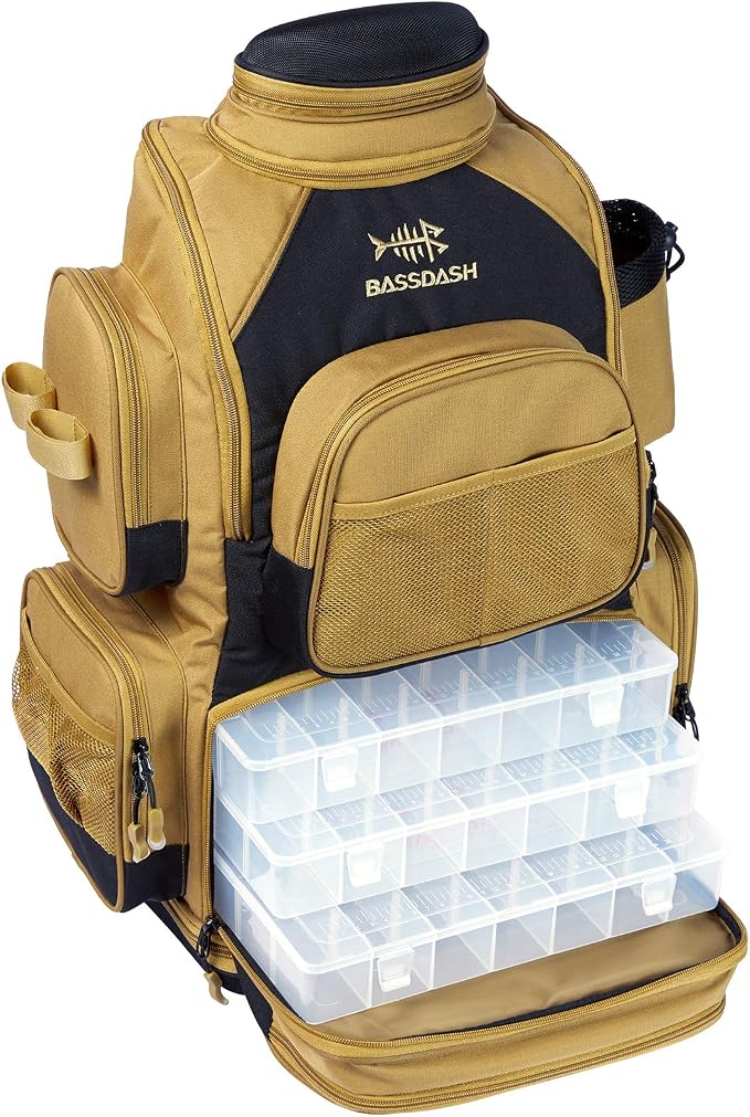 BASSDASH Fishing Tackle Backpack Water Resistant Tactical Bag Soft Tackle Box with Rod Holder and Protective Rain Cover