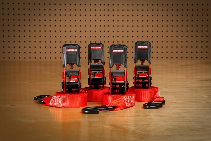 CRAFTSMAN CMXAZBS15004 Black/Red 1" x 12' Ratchet Tie Down Straps - Light/Mid-Weight Duty (1500 lb Break Strength), 4 Pack