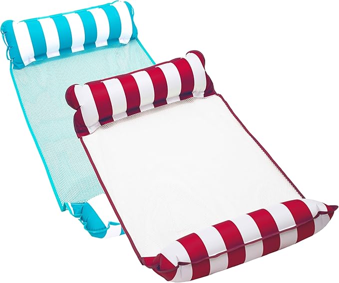 Aqua 4-in-1 Monterey Hammock Pool Float & Water Hammock, Multi-Purpose, Inflatable Pool Floats for Adults, Patented Thick, Non-Stick PVC Material, One Light Blue & One Burgundy/White Stripe, 2-Pack