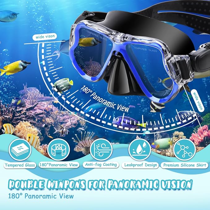 Snorkeling Gear for Kids, 4 in 1 Child Mask Fins Snorkel Set with Panoramic View Anti Fog Mask, Dry Top Snorkel, Trek Fins and Travel Bag, Kids Snorkeling Set with Fins for Snorkeling Swimming