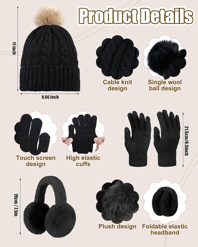 16 Pcs Women Hat Scarf Gloves Ear Muffs Set Winter Knitted Pom Beanie Hats Scarf Touch Screen Gloves for Men Adult Homeless