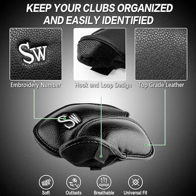 FINGER TEN Premium Synthetic Leather Stylish Iron & Wedge Golf Head Covers Value 12 Piece Set, Embroidered Labels & Fits Most Clubs Gift Set, Travel Protection Accessories