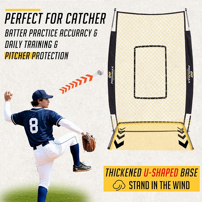 PodiuMax 7x4FT Baseball Pitching Screen with Strike Zone, Batting Net with Upgrade U-Shaped Base, Pitching Net for Pitchers Protection, Baseball I Screen for Fields Batting Cages