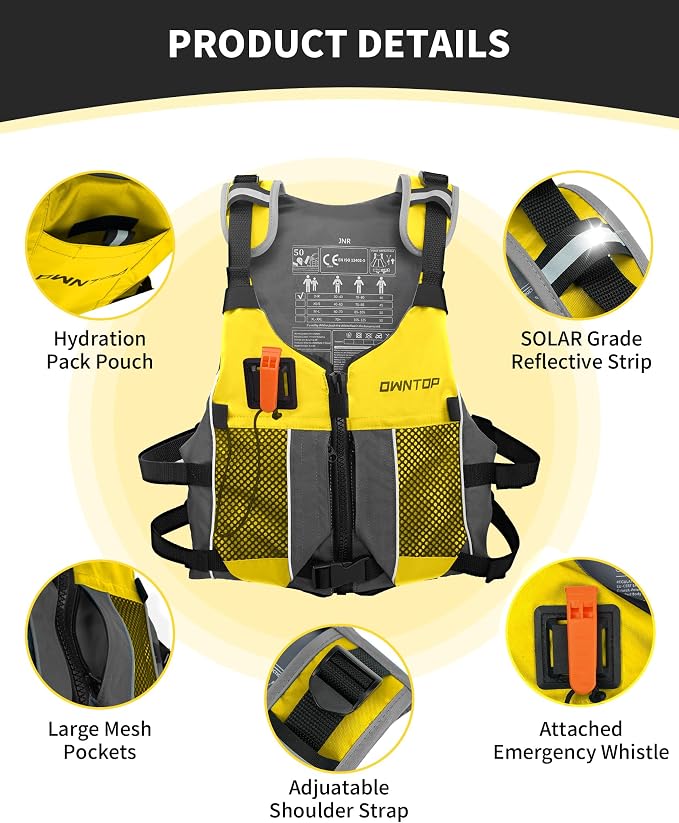 Owntop Swim Jacket Adult Youth | Hydration Pack | Dual Mesh Pockets | Attached Whistle | Ultra-Thin for Freer Movement | Kayak, Boating, Fishing, All Watersports
