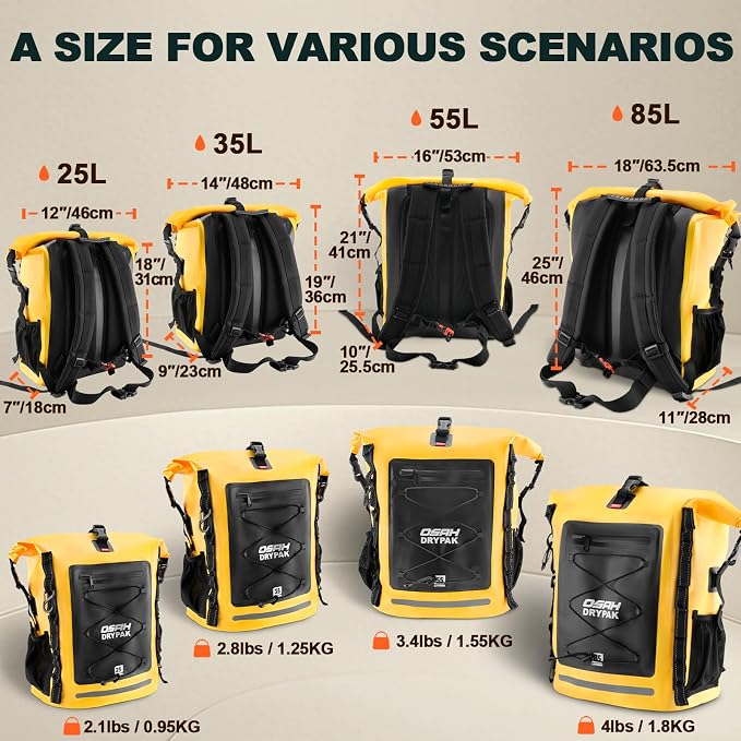 OSAH DRYPAK Waterproof Backpack Dry Bag 35L/55L/85L – Heavy Duty Roll-Top Hiking Backpack for Travel, Kayaking, Boating, Camping, Rafting and Fishing
