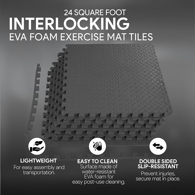 BalanceFrom 6 Piece Foam Floor Mat Puzzle Tiles, 3/4” Thick, 24 Sq Ft, Black