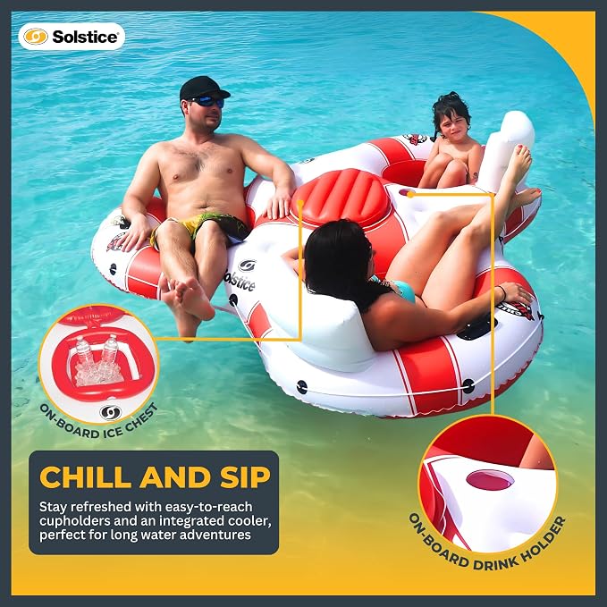 Solstice Super Chill Inflatable River Raft Float Tube 3 Person with Cupholders, Cooler, Mesh Bottom, Backrest, Grab Handles Tie On Rope | for Rivers Lake Ocean Pool Floating Snow Heavy Duty Material