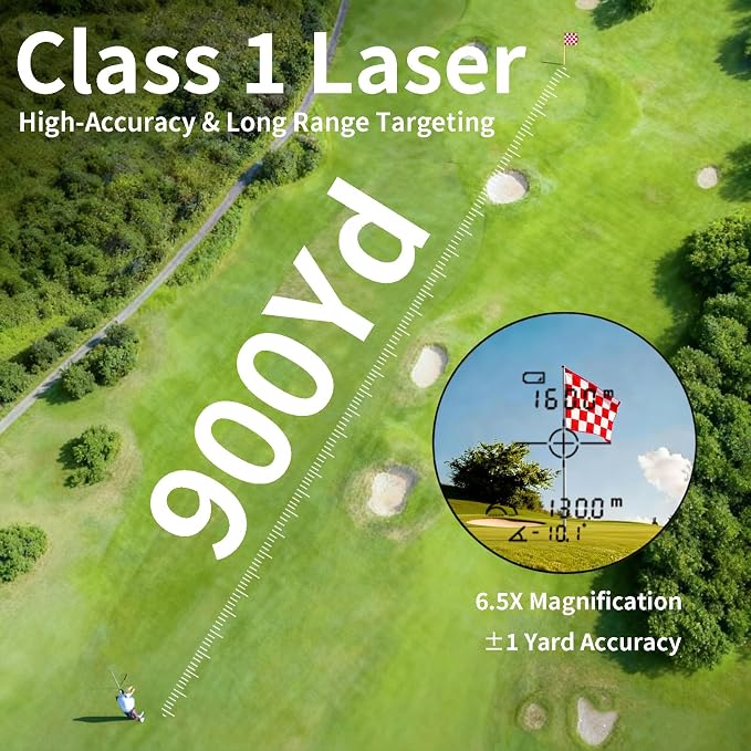 Golf Rangefinder with Slope, 900 Yards Range Finder for Golf/Hunting, +1 Yard Accuracy 6.5X Magnification Flag Pole Locking Rechargeable Laser Rangefinders for Men Women