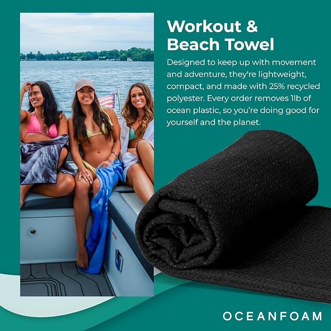 Oceanfoam Beach Towel – Lightweight, Absorbent, Quick-Drying, Sand-Resistant, Non-Slip – Ideal for Workouts, Yoga, Pilates, Beach, Pool, Boat & Travel – 25% Recycled – 72"x24" (Black)