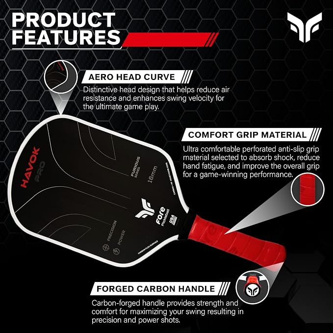 Havok Pro Pickleball Paddle: Carbon Fiber Surface for Enhanced Power, Precision and Maximum Spin - Large Sweet Spot and USAPA Approved