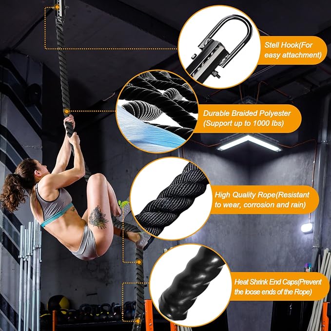 Climbing Rope Gym Workout - 1.5 Inch Dia 10FT 15FT 20FT 25FT 30FT 35FT 40FT 50FT Heavy Duty Work Out Rope Exercise Climbing Ropes for Adults Kids Fitness & Strength Training Outdoor & Indoor - Black