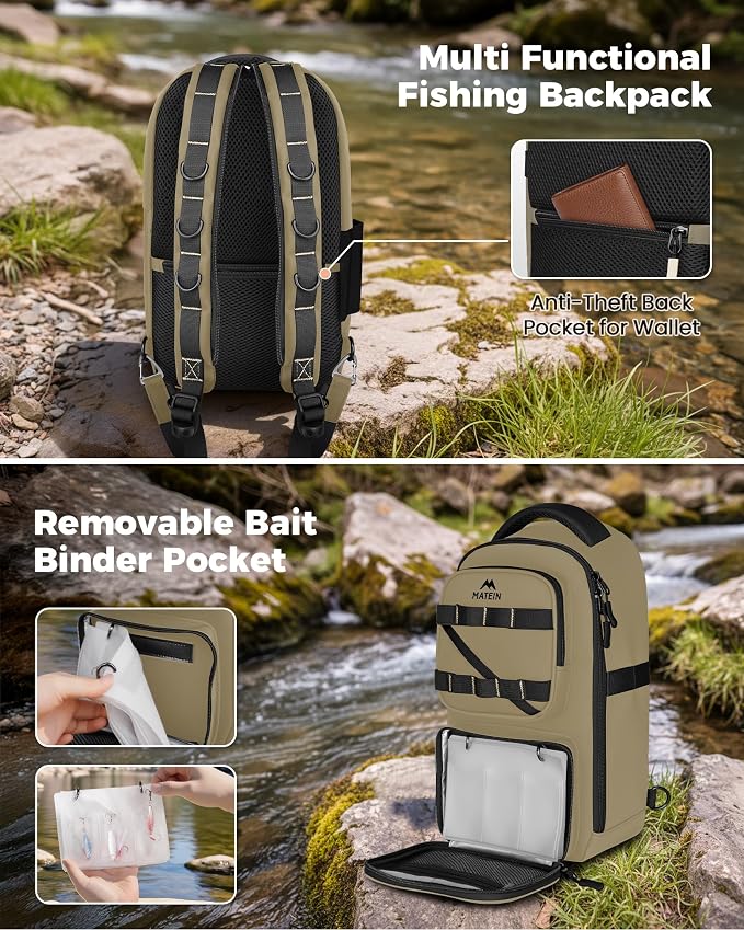 MATEIN Fishing Sling Bag with Lure Rod Holder & Phone Pouch, Waterproof 3600 Tackle Box Backpack with Removable Bait Binder