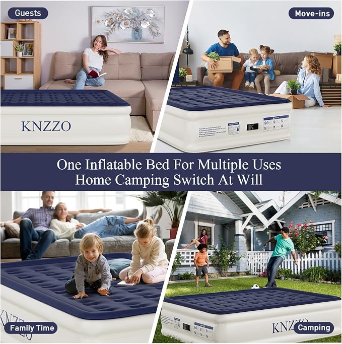 KNZZO Air Mattress Queen with Built-in Pump, Blow Up Mattress with Soft Flocked Top, Leakproof Inflatable Mattress, Foldable Waterproof Air Bed for Home, Guests, Camping, with Storage Bag