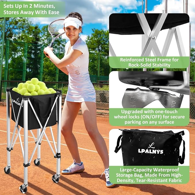 Pickleball Tennis Ball Hopper-Foldable Lightweight Tennis Cart Holds 180 Tennis/160 Pickleballs with Removable Bag,Wheels,Side Pocket for Training/Teaching, for Tennis/Pickleball/Baseball/Softball