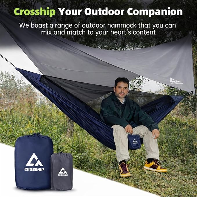 Camping Hammock with Mosquito Net and RainFly Tarp - 2 Person Hammock, Portable Parachute Nylon Hammock for Outdoor, Hiking, Backpacking, Backyard, Travel (Up to 500lbs) - Midnight Blue