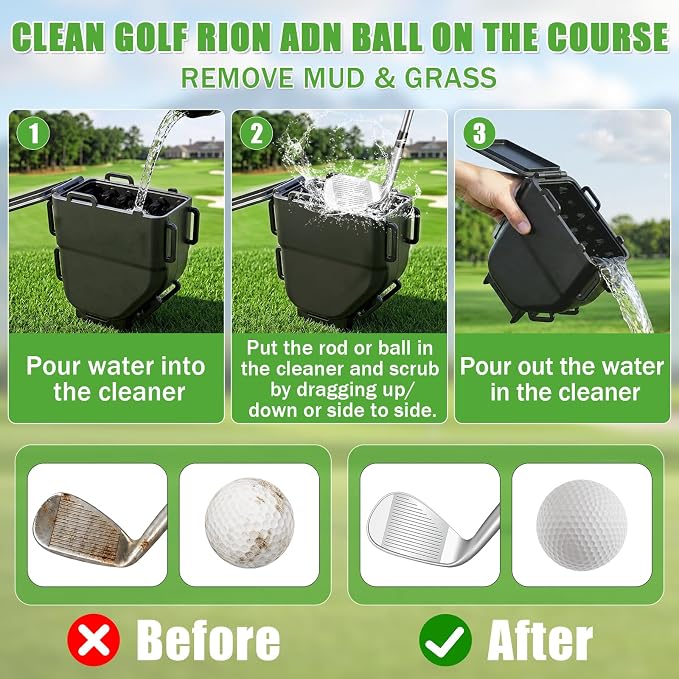 Golf Cart Ball Washer & Club Cleaner with Straps - No Drill Golf Club Washer for Cart, Dual-Sided Brush Cleaning Box, Easy to Clean Portable & Detachable Golf Ball Washer for Cart Accessories