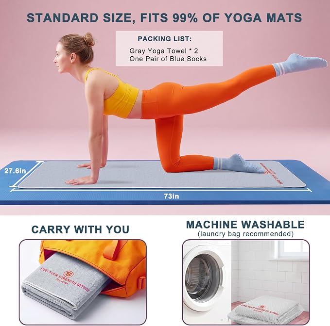 2 Pack Yoga Mat Towels with Bonus Grip Socks, Lavender Gray *2 | Elegant Embroidered, 1-Second Sweat Absorption & Non-Slip | Machine Washable Microfiber | Hot Yoga, Pilates | 73''*27.6''
