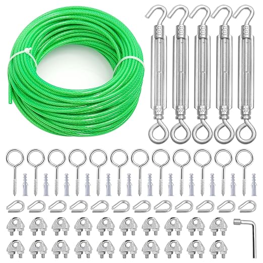 100Ft Clothes Line Outdoors, Green PVC Coated Steel Cable Clip Kit, Multi-use Turnbuckles for Cables Wires/Clothesline Wire/Grape Vine/String Light Hanging Kit
