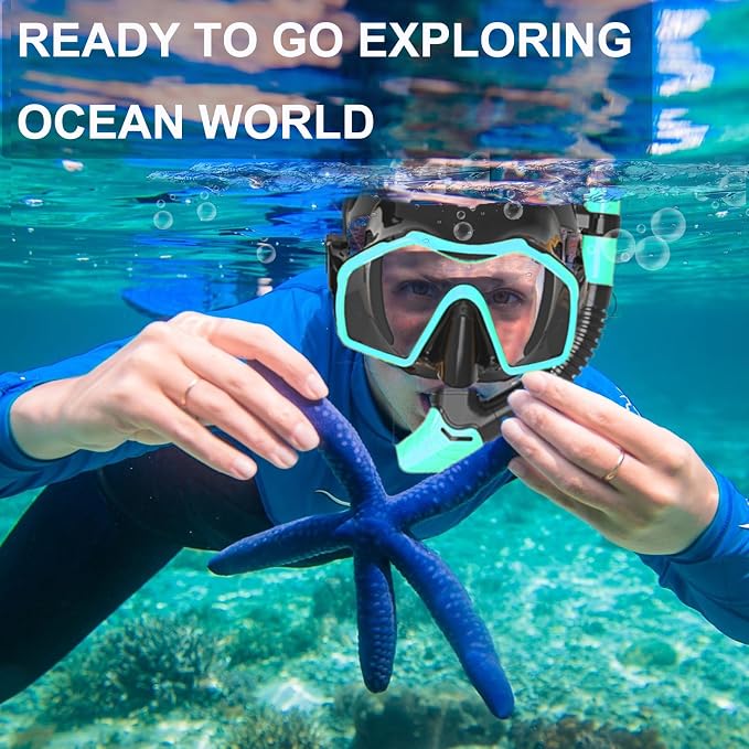 Snorkeling Gear for Adults,Mask Fins Snorkel Set,Panoramic View Diving Mask Anti-Fog,Dry Snorkel,Adjustable Swim Flippers and Travel Bag,Adults Snorkel Gear for Swimming Snorkeling Diving