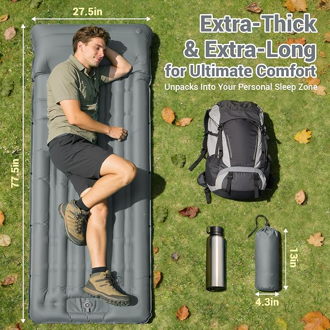 Inflatable Camping Sleeping Pad with 8 in Pillow, Thick 4.7 Inch Ultralight Camping Pad with Built-in Pump, Compact Self Inflating Sleeping Pad for Backpacking Hiking Travel Tent