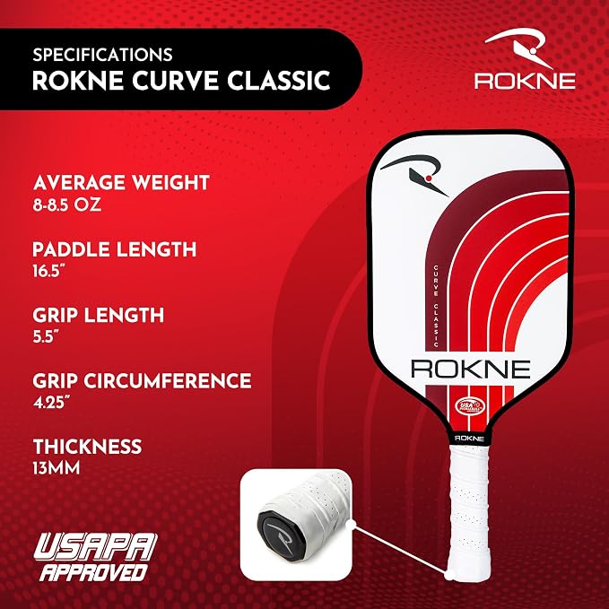 ROKNE Curve Classic Pickleball Paddle | USAPA Approved Fiberglass Pickleball Paddles | Precision Engineering & Comfort | ProGrit Texture for Max Spin & Power | Paddle