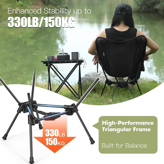 AuroraTrail Ultralight Backpacking Camping Chair – Only 2.7 lb, Supports 330 lb, Compact Folding Outdoor Seat with Carry Bag, 7075 Aluminum Frame for Hiking, Camping & Festivals (Black)