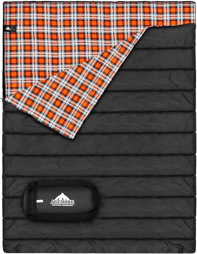 Cotton Flannel Double Sleeping Bag for Camping, Backpacking Or Hiking. Queen Size 2 Person Waterproof Sleeping Bag for Adults Or Teens. Lightweight with Compression Sack