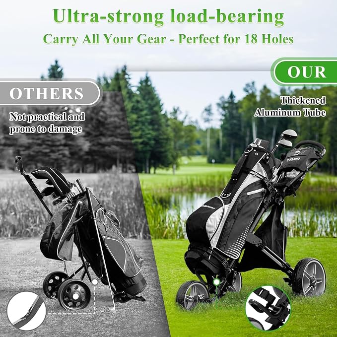Tivor 3 Wheel Golf Push Cart, Lightweight Push Cart Golf One-Click Folding, Adjustable Height Pushcart for Golf Bags, Compact Design for Ladies, Junior Golfers