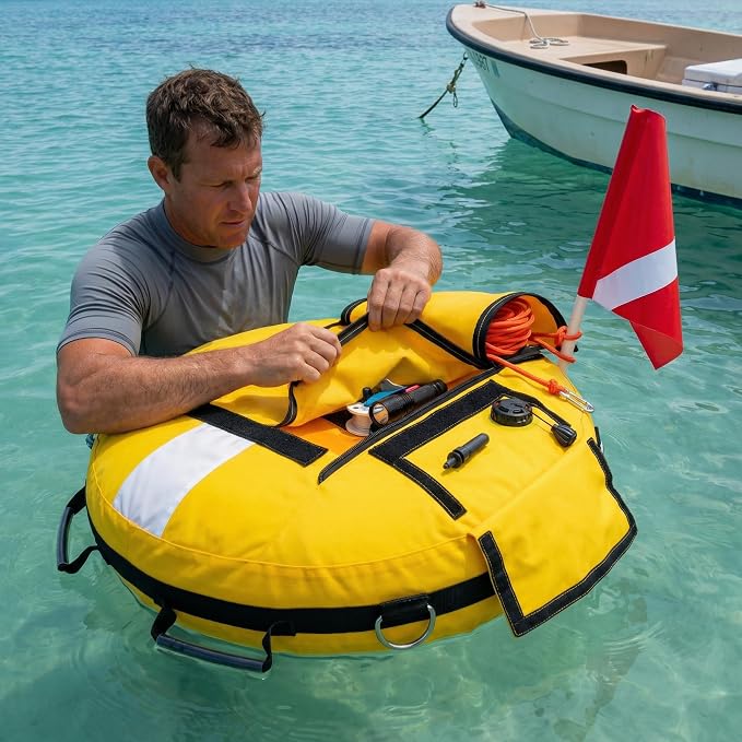 Dive Float Buoy with Flag, Yellow and White, Inflatable Safety Marker with Rope