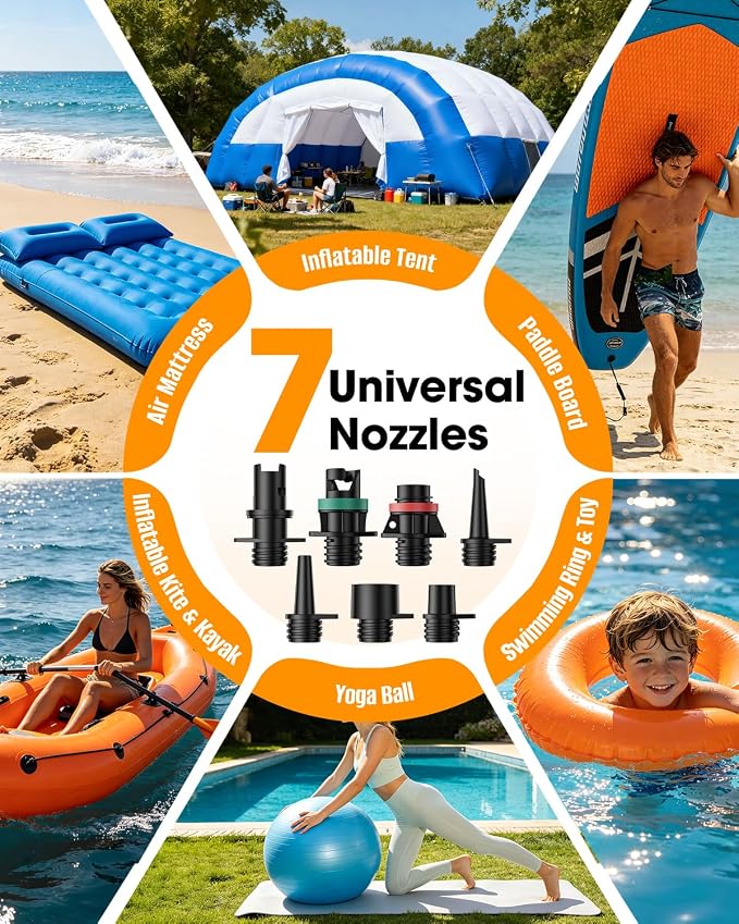 Electric Paddle Board Pump, Rechargeable SUP Pump with 12V Car Power, Auto-Off to 20 PSI, Dual-Stage Portable Air Pump with Deflate, 7 Nozzles for Paddle Boards, Kayaks & Inflatables