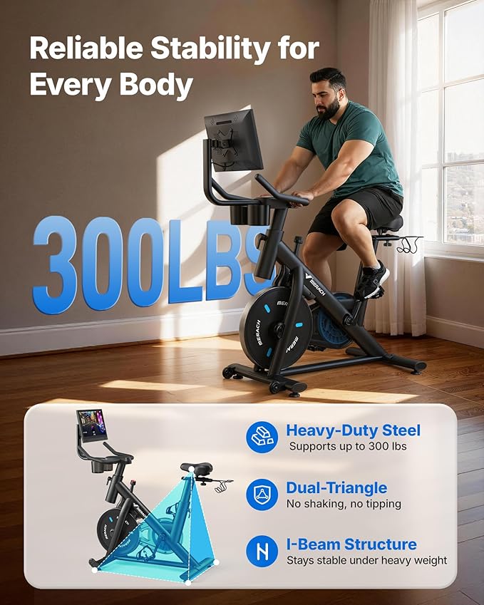 Merach Exercise Bike, Magnetic Friction Stationary Bike with Brake Pad and Exclusive App, Low Noise Indoor Cycling Bike with 300lbs Weight Capacity, Tablet Mount and Fitness Courses for Weight Loss