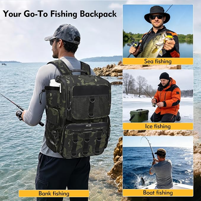 MGB Fishing Tackle Backpack with Rod Holders & YKK Zipper, 46L Fishing Bag with Bottle Holder, Storage Bag Store Fishing Gear