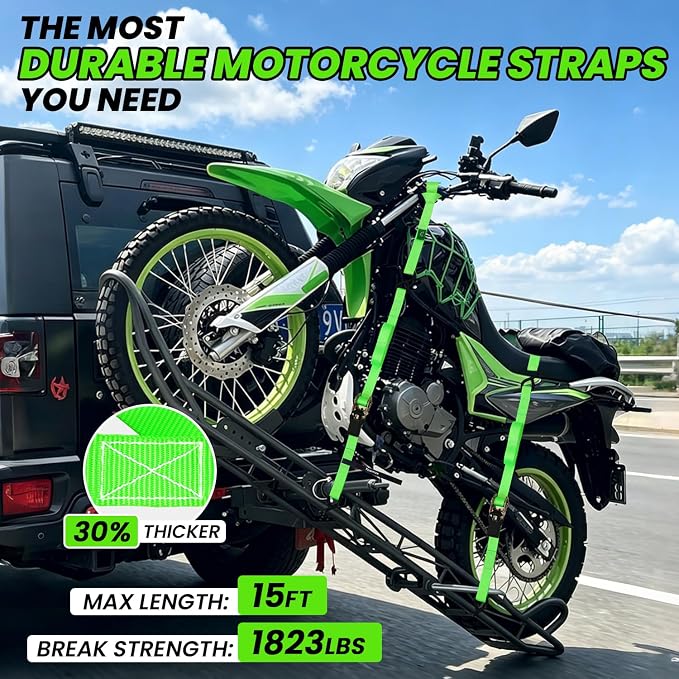 Ratchet Straps Medium Duty 4 Pack -1 Inch x 15 Feet (1,823LB Break Strength)- Motorcycle Tie Down Straps -Soft Loops with Bungee Cords- Ratchet Tie Down Set for Powersports, Motorcycle or Moving Cargo