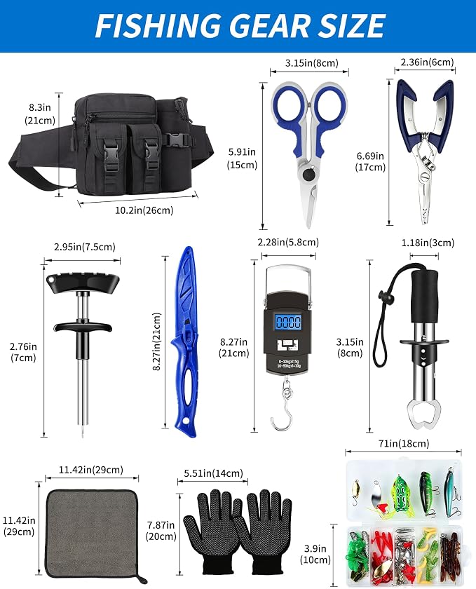 Fishing Tool Kit - 112pcs Fishing Gear & Equipment, Fish Pliers, Hook Remover, Scale, Scissors, Lip Gripper, Lures