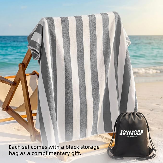 JOYMOOP 3-Pack Microfiber Beach Towel Set – 70" x 35.4" Ultra-Absorbent Beach Towels Oversized, Sand-Free & Portable, Quick-Dry Cabana Stripe Towels with Travel Storage Bags (Grey & White)