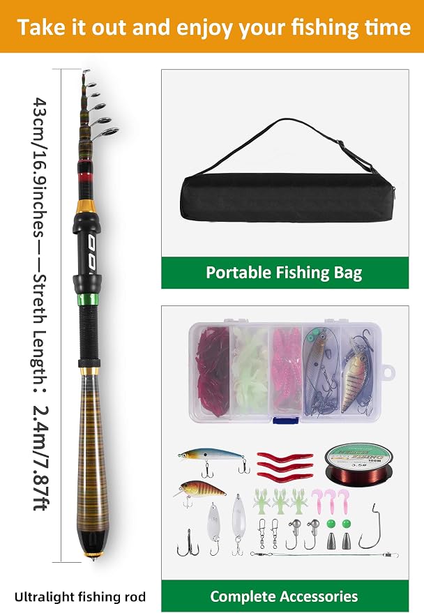 Milerong Fishing Rod and Reel Combo，Carbon Fiber Telescopic Fishing Pole with Stainless Steel Spinning Fishing Reel, Portable Travel Fishing Pole Combo for Youth Adults Beginner Saltwater Freshwater