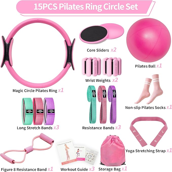 DICYWUDI Pilates Essentials Kit for Home Women, Pilates Equipment for Workouts, 6 Fabric Resistance Bands, 12 Inch Magic Circle Yoga Ring, Mini Exercise Ball, Great Exercise Equipment