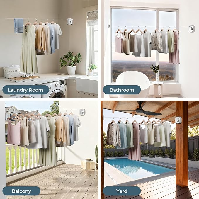 FORIOUS Retractable Clothesline 13.8FT, 304 Stainless Steel Non-Sagging Indoor Outdoor Clothes Line, Rustproof Heavy Duty Clothes Drying Laundry Line, Screw Wall Mounted for Bathroom, Chrome