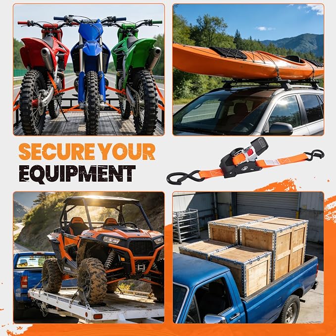 1" x 10' Self Retracting Ratchet Straps (4-Pack) - Orange Heavy Duty Tie Downs with Auto-Retract, 1540lb Break Strength for Truck, Motorcycle, ATV, UTV, Cargo Trailer